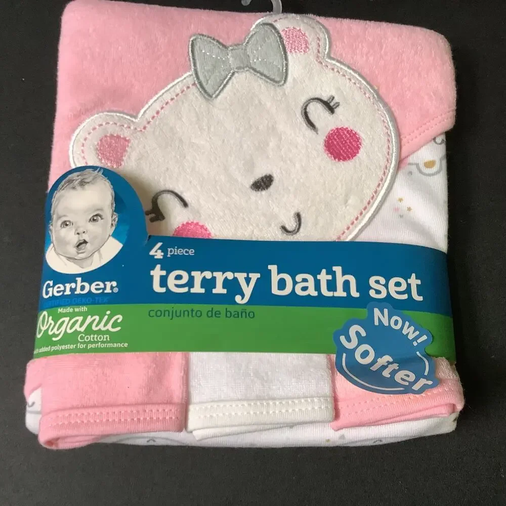 Organic Cotton Gerber 4 Pc Terry Bath Set - Hooded Towel & 3 Washcloths - NWT